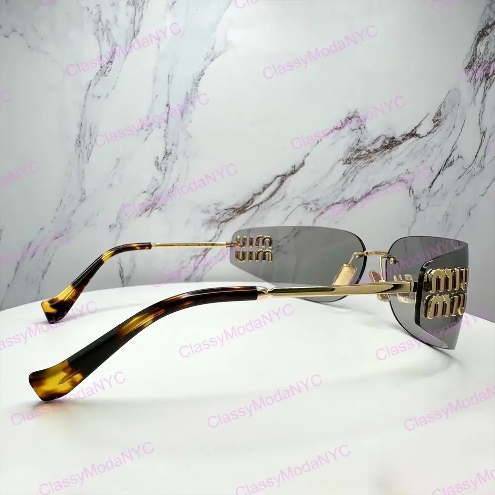 New MIU MIU Logo Sunglasses 2025 Runway Gold Slim Skinny Wrap Rimless Italy